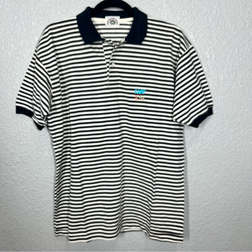 Vintage Camp Beverly Hills Black & White Striped Polo Shirt